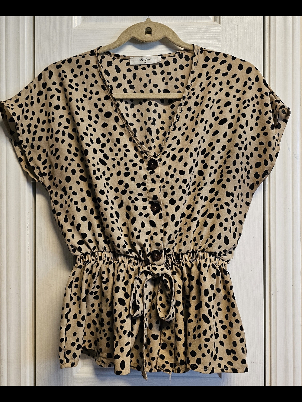Neutral Beige Animal Print Button-Front Peplum Top